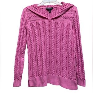 Susan Graver Pink Cable-Knit V-Neck Sweater with Hood